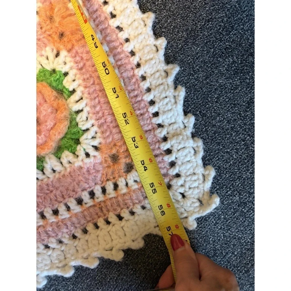 Vtg Hand Crocheted Mohair Afghan Blanket 3D Roses Floral Granny Square Pink WOW